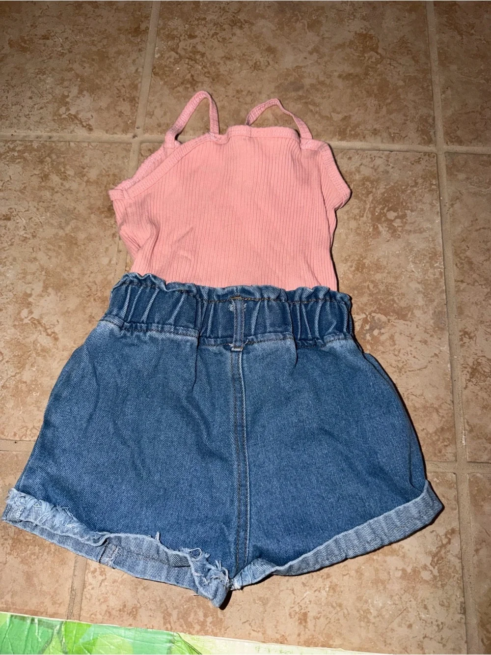 SHEIN Pink Ribbed Tank Top with Blue Denim Paperbag Shorts - Kids